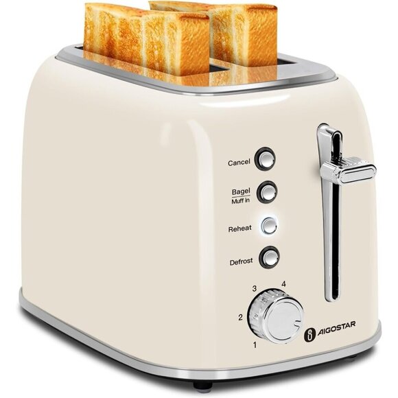 AigostarToaster2 Slice toaster Removable Crumb Tray, Stainless Steel Cream white - Picture 1 of 8